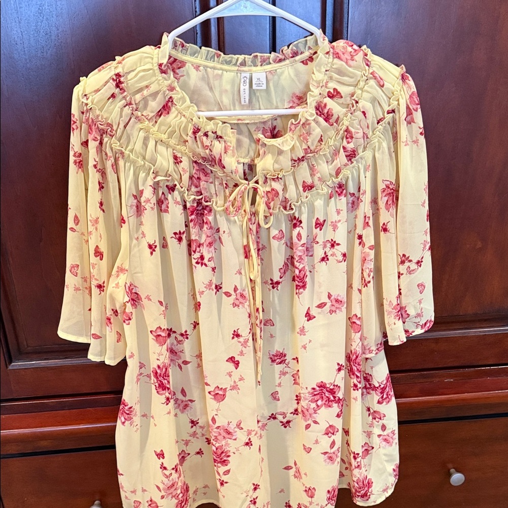 Cato Yellow Floral Ruffle Peasant Blouse with Pink Print